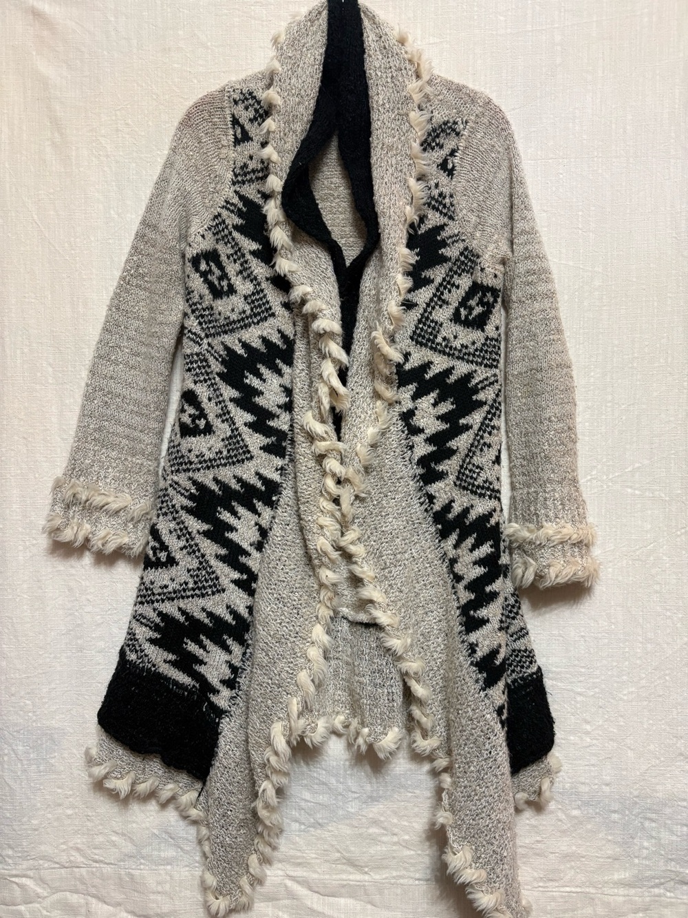 Olivia M faux fur trim southwestern design sweater duster size medium